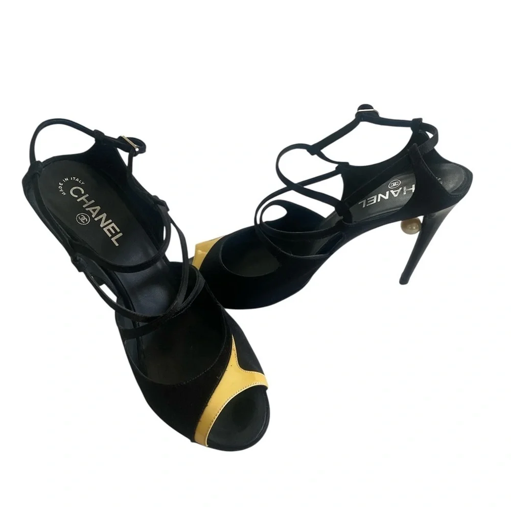 Authentic CHANEL Pearl Heel Strappy Sandals - Black & Yellow - Size 41